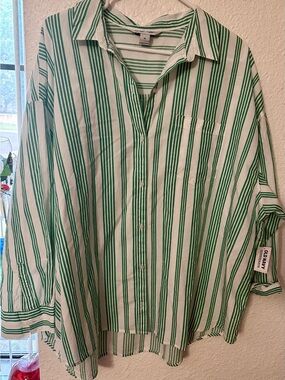Old Navy Green and White Vertical Stripe Button-Down The Boyfriend Shirt